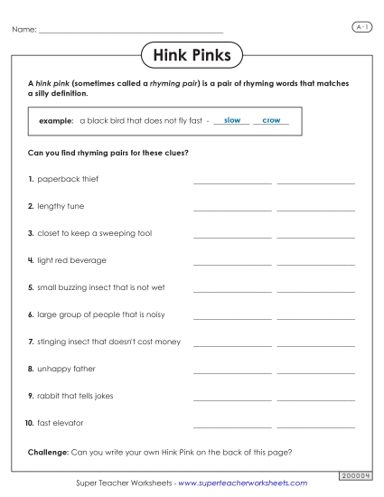 Hink Pinks - Hink Pinks: Level A-1 (Printable PDF Worksheet)