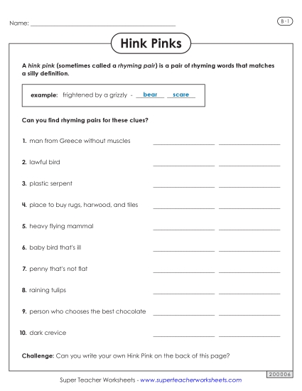 Hink Pinks - Hink Pinks: Level B-1 (Printable PDF Worksheet)