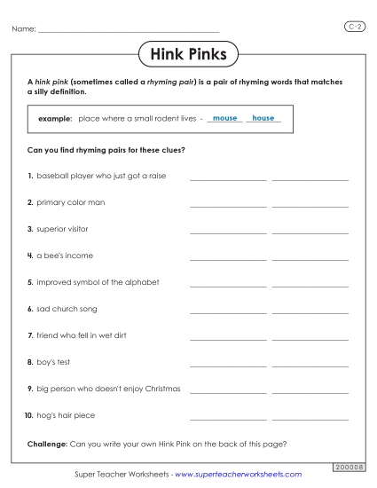 Hink Pinks - Hink Pinks: Level C-2 (Printable PDF Worksheet)