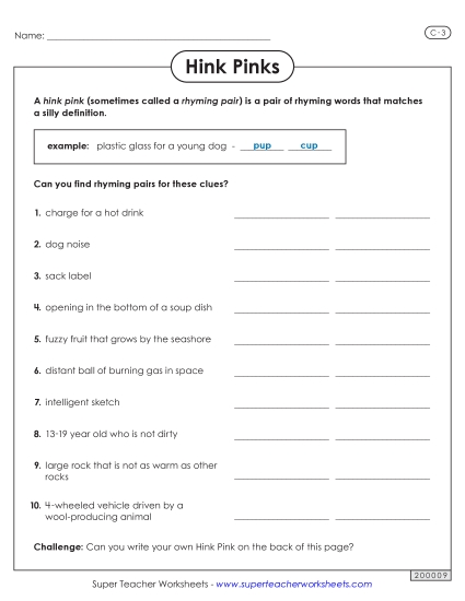 Hink Pinks - Hink Pinks: Level C-3 (Printable PDF Worksheet)