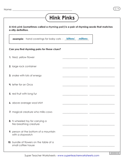 Hink Pinks - Hink Pinks: Level C-4 (Printable PDF Worksheet)
