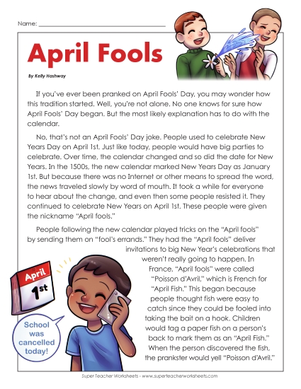 Reading Comprehension - History of April Fools (Non-Fiction) (Printable PDF Worksheet)