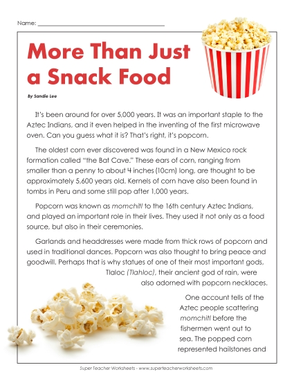 Reading Comprehension - History of Popcorn (Printable PDF Worksheet)