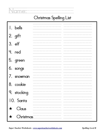 List B: Christmas - Holiday List - Christmas (Printable PDF Worksheet)