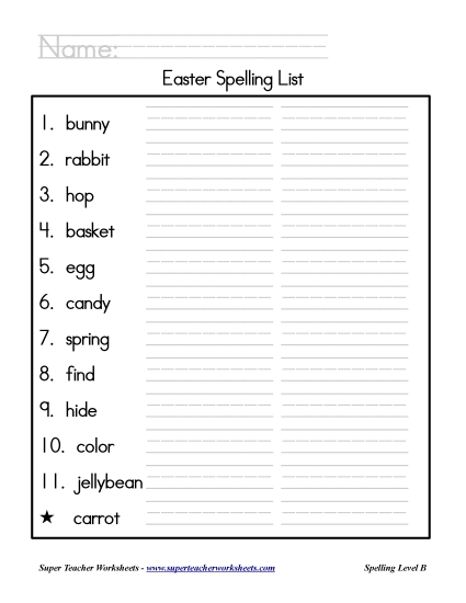 List B: Easter - Holiday List - Easter (Printable PDF Worksheet)