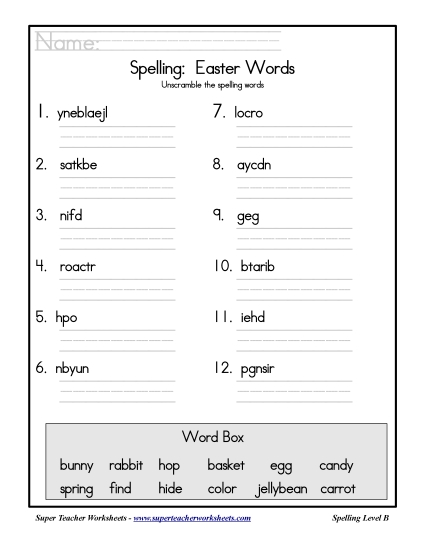 List B: Easter - Holiday List - Easter: Unscramble (Printable PDF Worksheet)