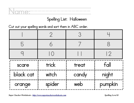 List B: Halloween - Holiday List - Halloween: ABC Order (Printable PDF Worksheet)