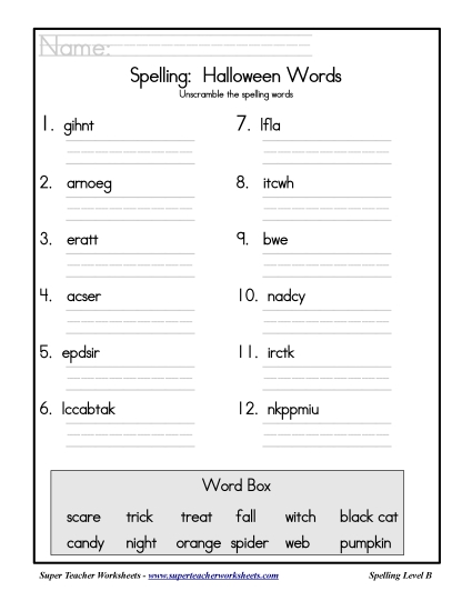 List B: Halloween - Holiday List - Halloween: Unscramble (Printable PDF Worksheet)