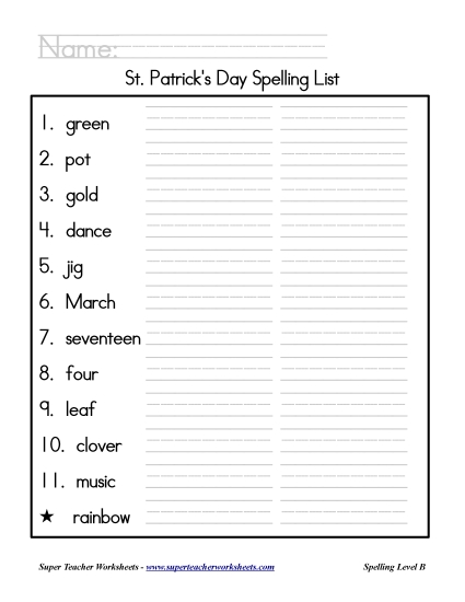 List B: Christmas - Holiday List - St. Patrick's Day (Printable PDF Worksheet)