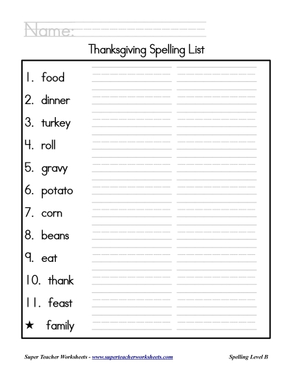 List B: Thanksgiving - Holiday List - Thanksgiving (Printable PDF Worksheet)