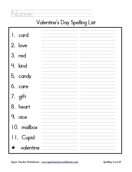 List B: Christmas - Holiday List - Valentine's Day (Printable PDF Worksheet)