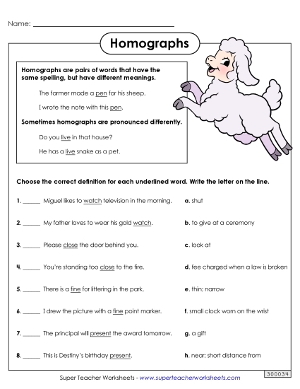 Homograph Worksheets - Homograph Matching (Printable PDF Worksheet)