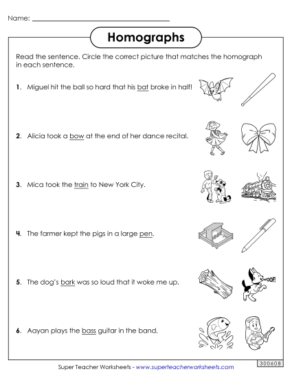 Homograph Worksheets - Homographs: Circle the Picture Worksheet 1 (Printable PDF Worksheet)
