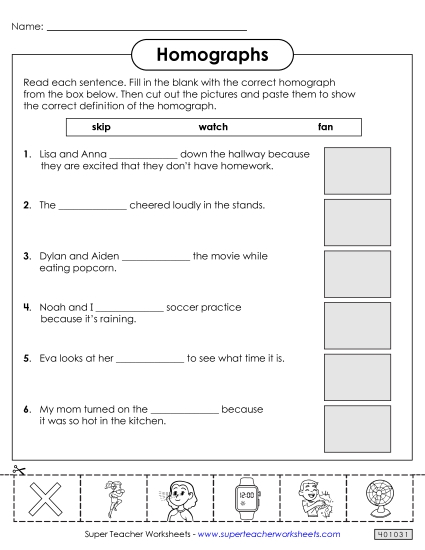 Cut-and-Glue Activities - Homographs: Cut and Glue Worksheet 1 (Printable PDF Worksheet)