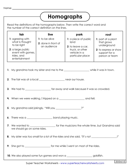 Homograph Worksheets - Homographs: Fill in the Blanks 1 (Printable PDF Worksheet)