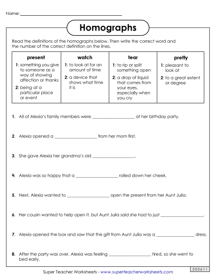 Homograph Worksheets - Homographs: Fill in the Blanks 2 (Printable PDF Worksheet)