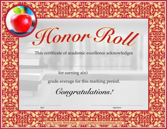 Honor and Merit Rolls - Honor Roll (Printable PDF Worksheet)