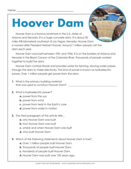Nonfiction - Hoover Dam (Printable PDF Worksheet)