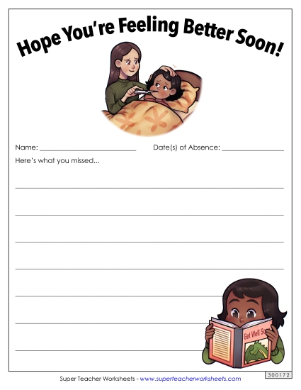 Notes for Absent Students - Hope You're Feeling Better! (Printable PDF Worksheet)