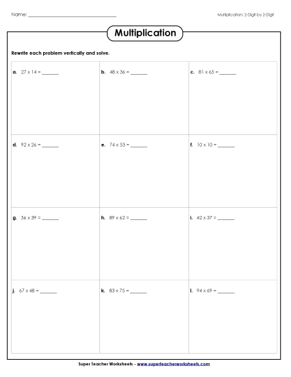 2-Digit Times 2-Digit Worksheets - Horizontal: 2-Digit x 2-Digit (Printable PDF Worksheet)