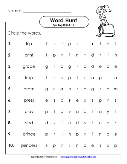 Worksheets - Horizontal Word Hunt (A-16) (Printable PDF Worksheet)