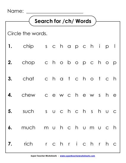 Worksheets - Horizontal Word Hunt: ch (Printable PDF Worksheet)