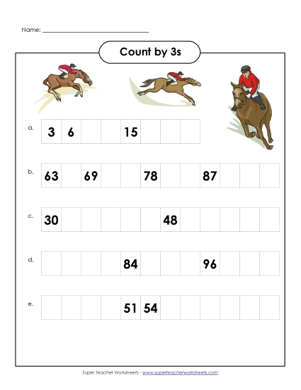 Horses - Count by 3s (Printable PDF Worksheet)