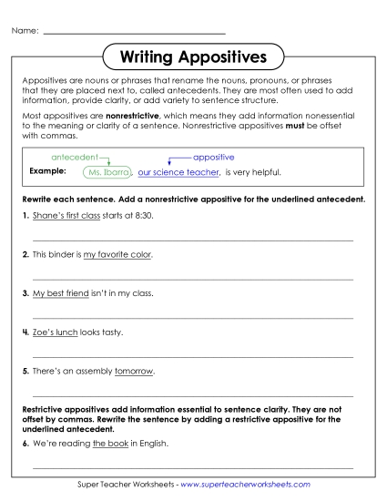 Worksheets - How to Write Appositives (Printable PDF Worksheet)