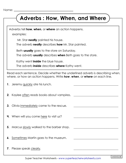 Adverb Worksheets - How, When, Where Adverbs (Printable PDF Worksheet)
