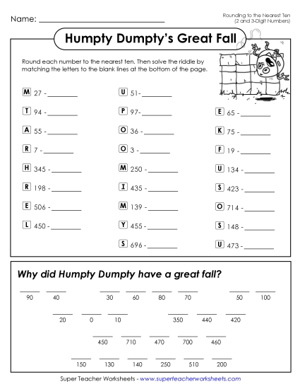 Rounding - Humpty Dumpty (Rounding Nearest Ten) (Printable PDF Worksheet)