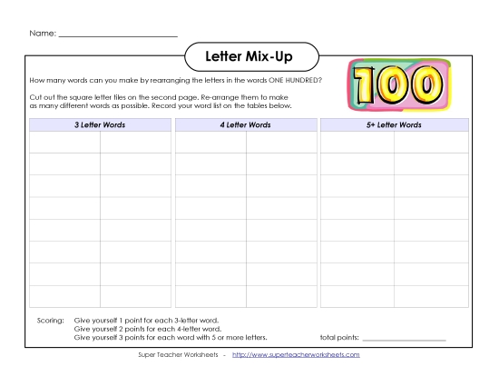 Activities & Worksheets - Hundred Days Letter Mix (Intermediate) (Printable PDF Worksheet)
