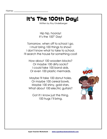 Reading - Hundred Days Poem (Printable PDF Worksheet)