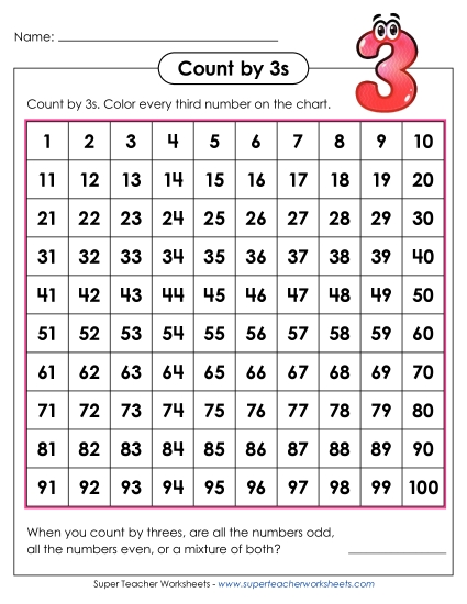 Skip Count by 3s - Hundreds Chart: Count by 3s (Printable PDF Worksheet)