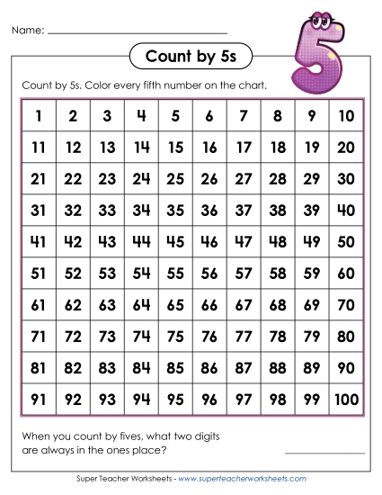 Hundreds Chart - Count by 5s (Printable PDF Worksheet)