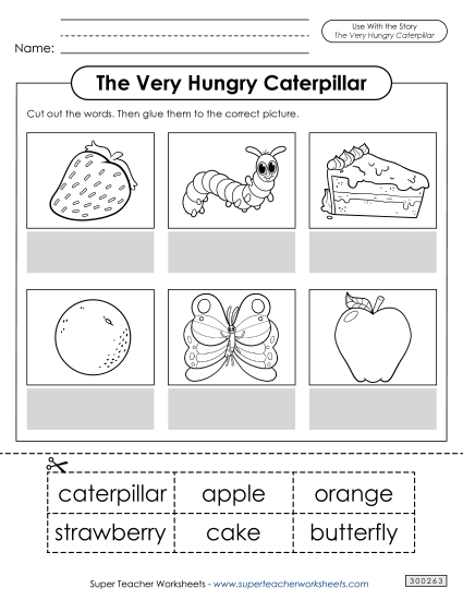 Cut-and-Glue Activities - Hungry Caterpillar Picture-Word Match (Printable PDF Worksheet)