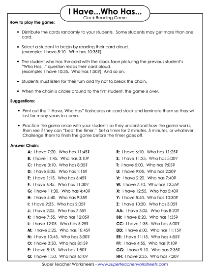 Reading Clocks: Nearest 5 Minutes - I have... Who has... Game (Printable PDF Worksheet)