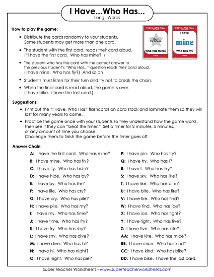 Games & Learning Centers - I have.. Who has... (Long I) (Printable PDF Worksheet)