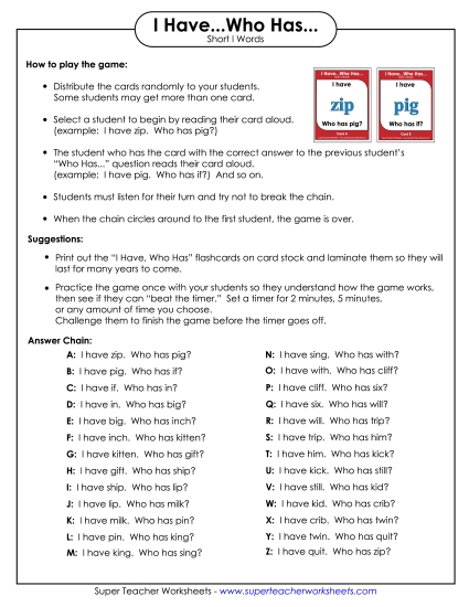 Games and Learning Centers - I have.. Who has... (Short I) (Printable PDF Worksheet)