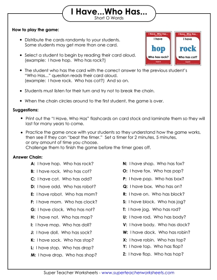 Games & Learning Centers - I have.. Who has... (Short O) (Printable PDF Worksheet)