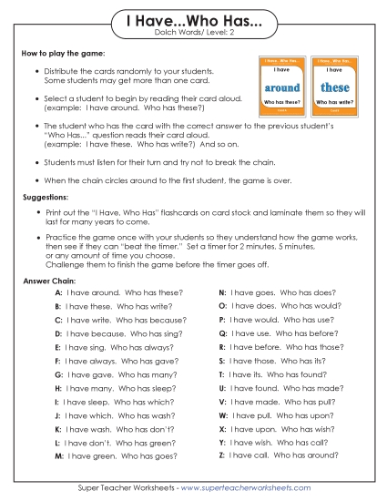 Level 2 - I have/Who has Game: Level 2 (Printable PDF Worksheet)