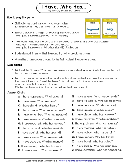 Level 4: Fourth Hundred - I have/Who has Game: Level 4 (Printable PDF Worksheet)