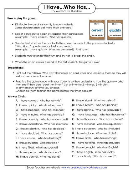 Level 5: Fifth Hundred - I have/Who has Game: Level 5 (Printable PDF Worksheet)