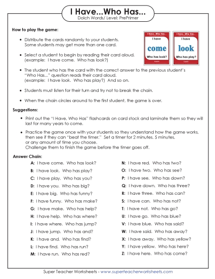 Pre-Primer - I have/Who has Game: Pre-Primer (Printable PDF Worksheet)