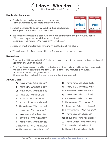 Primer - I have/Who has Game: Primer (Printable PDF Worksheet)