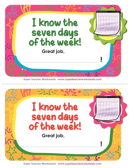 Pre-K and K Math Awards - I know the 7 days of the week! (Printable PDF Worksheet)