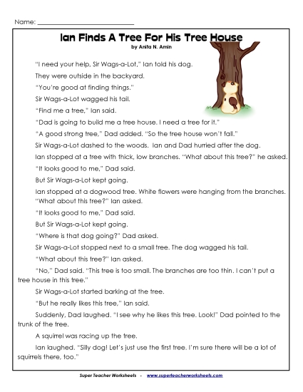 Ian and Sir Wags-a-Lot Stories (Fiction) - Ian Finds A Tree For His Tree House (Printable PDF Worksheet)