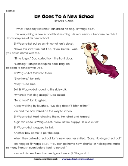 Ian and Sir Wags-a-Lot Stories (Fiction) - Ian Goes to a New School (Printable PDF Worksheet)