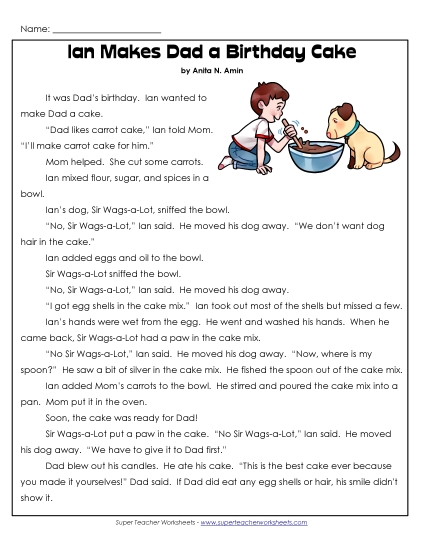 Ian and Sir Wags-a-Lot Stories (Fiction) - Ian Makes Dad a Birthday Cake  (Printable PDF Worksheet)