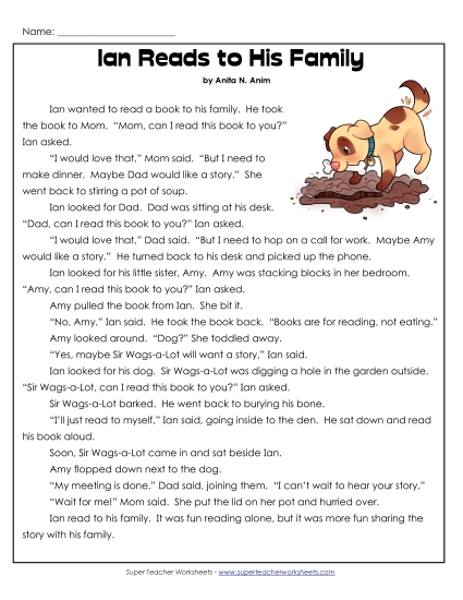 Ian and Sir Wags-a-Lot Stories (Fiction) - Ian Reads to His Family (Printable PDF Worksheet)