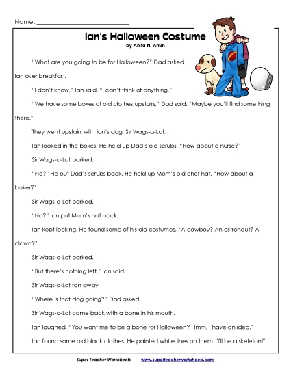 Ian and Sir Wags-a-Lot Stories (Fiction) - Ian's Halloween Costume  (Printable PDF Worksheet)